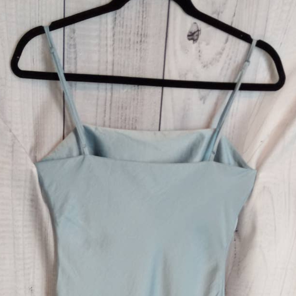 House of Harlow | Baby Blue Matte Satin Spaghetti Strap Ruched Midi Slip Dress - Picture 6 of 12